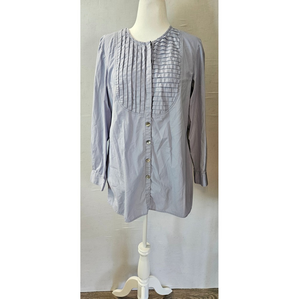 J. Jill Womens Blue Cotton Pleated Bib Button Down Tunic Blouse Large